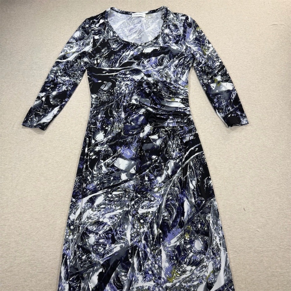 Calvin Klein Dress Womens 4 Abstract Ruched Midi Sheath 3/4 Sleeve